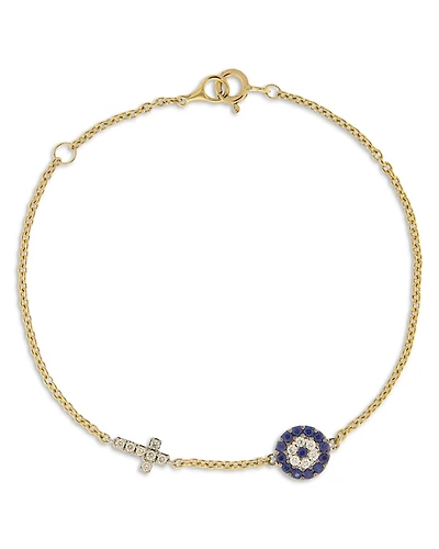 Bloomingdale's Fine Collection Blue Sapphire & Diamond Evil Eye & Cross Link Bracelet