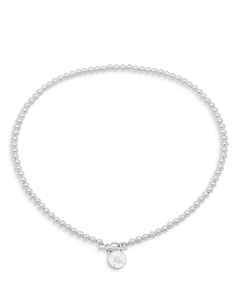 Logo Padlock Charm Beaded Collar Necklace in Sterling Silver, 17"
