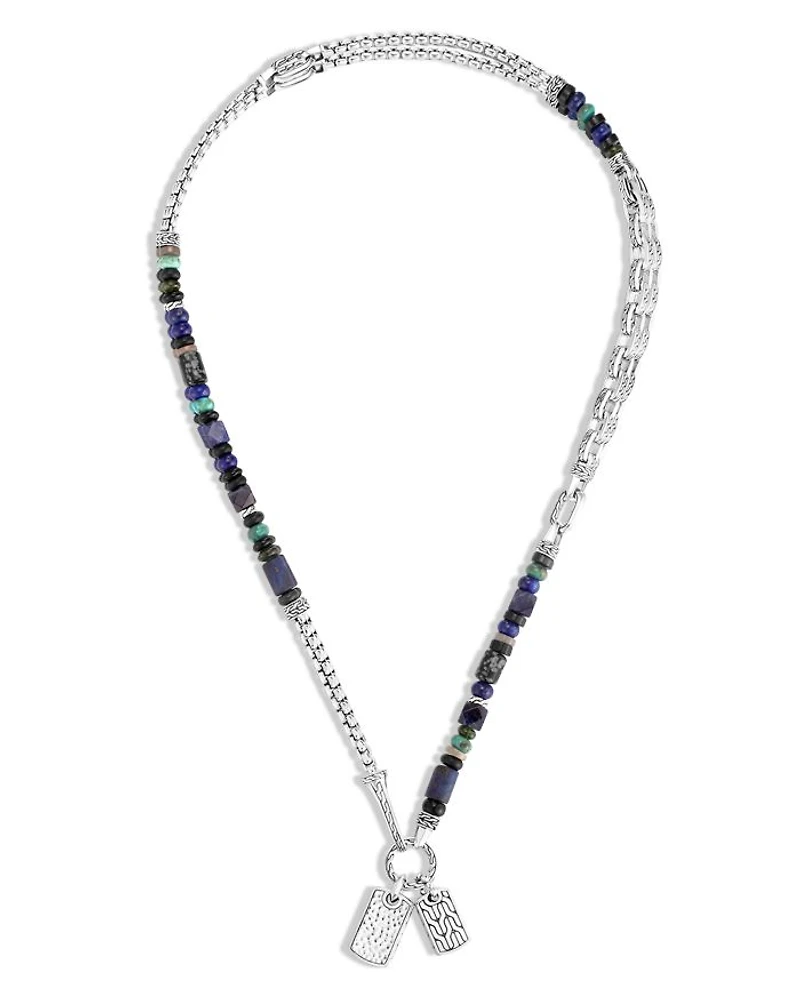 Sterling Silver Classic Chain Lapis Lazuli, Black Onyx, Grey Moonstone, Chrome Diopside and Turquoise Pendant Necklace, 22"
