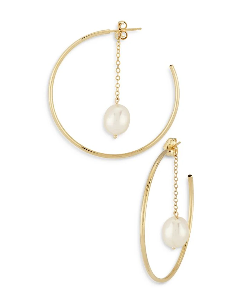 14K Yellow Gold Hoop Earrings with Cultured Freshwater Pearl - Exclusive