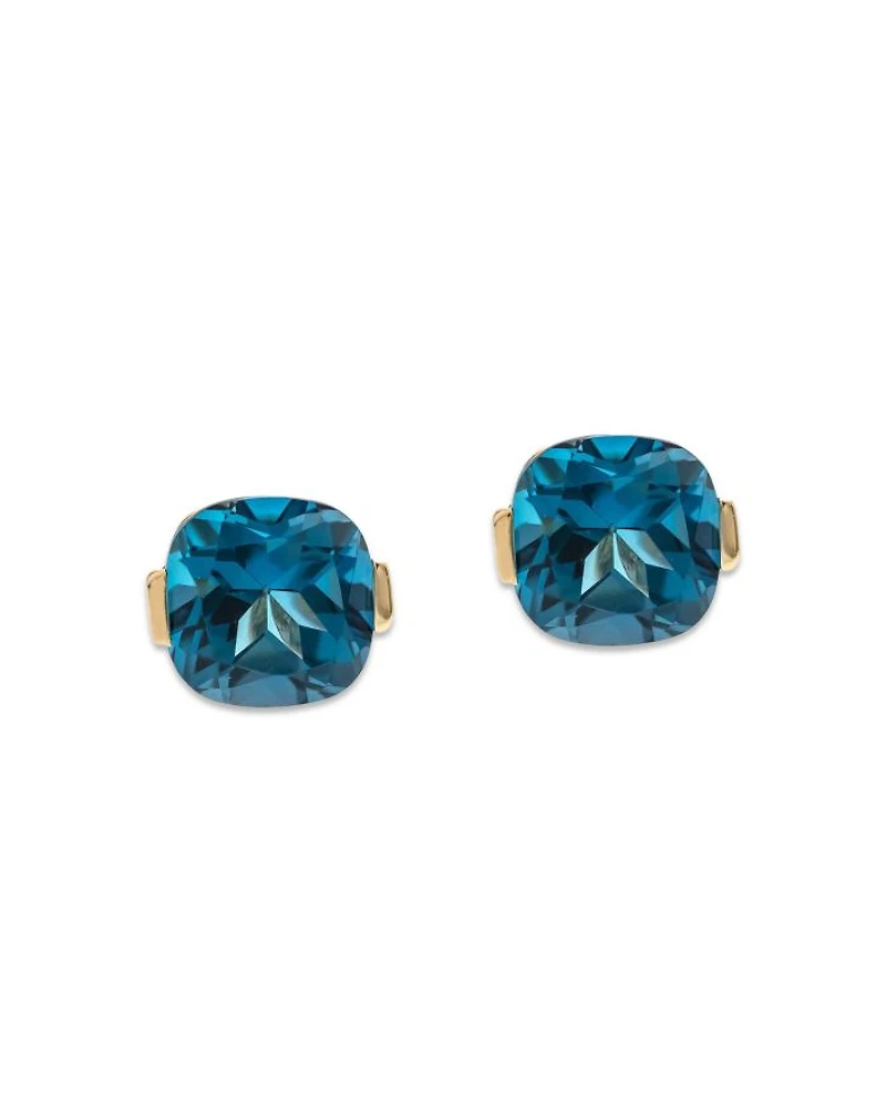 London Blue Topaz Cushion Cut Stud Earrings in 14K Yellow Gold