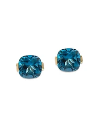 London Blue Topaz Cushion Cut Stud Earrings in 14K Yellow Gold