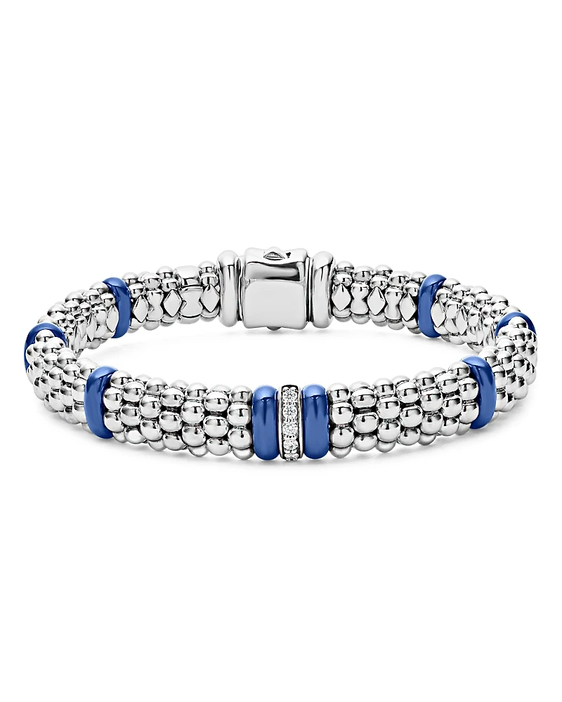 Lagos 18K Yellow Gold & Sterling Silver Diamond & Ultramarine Ceramic Rondelle & Caviar Bead Statement Bracelet