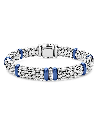 Lagos 18K Yellow Gold & Sterling Silver Diamond & Ultramarine Ceramic Rondelle & Caviar Bead Statement Bracelet