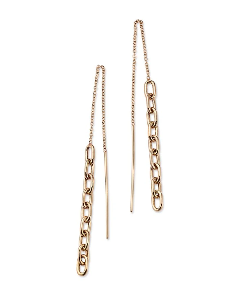 14K Yellow Gold Heavy Metal Chain Drop Threader Earrings