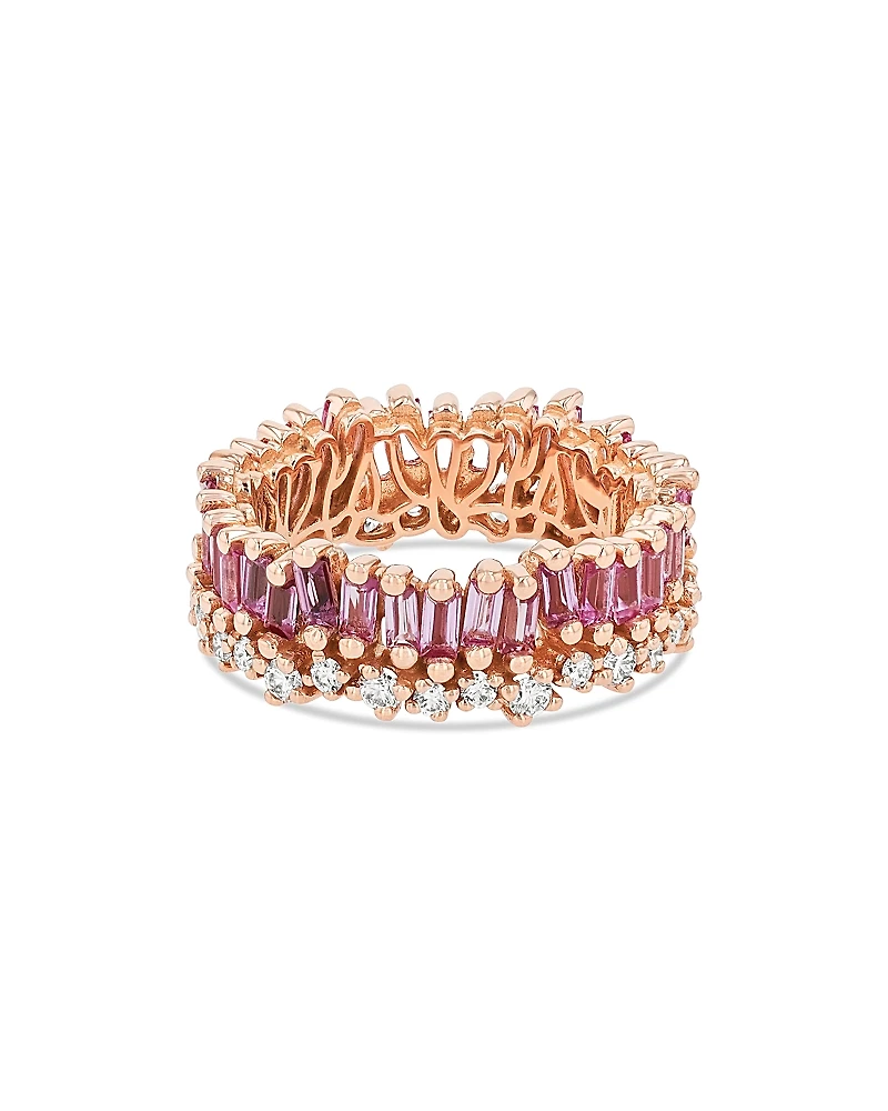 Suzanne Kalan 18K Rose Gold Fireworks Pink Sapphire Baguette & Diamond Asymmetrical Eternity Band
