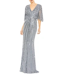 Mac Duggal Sequined V Neck Cape Sleeve Column Gown