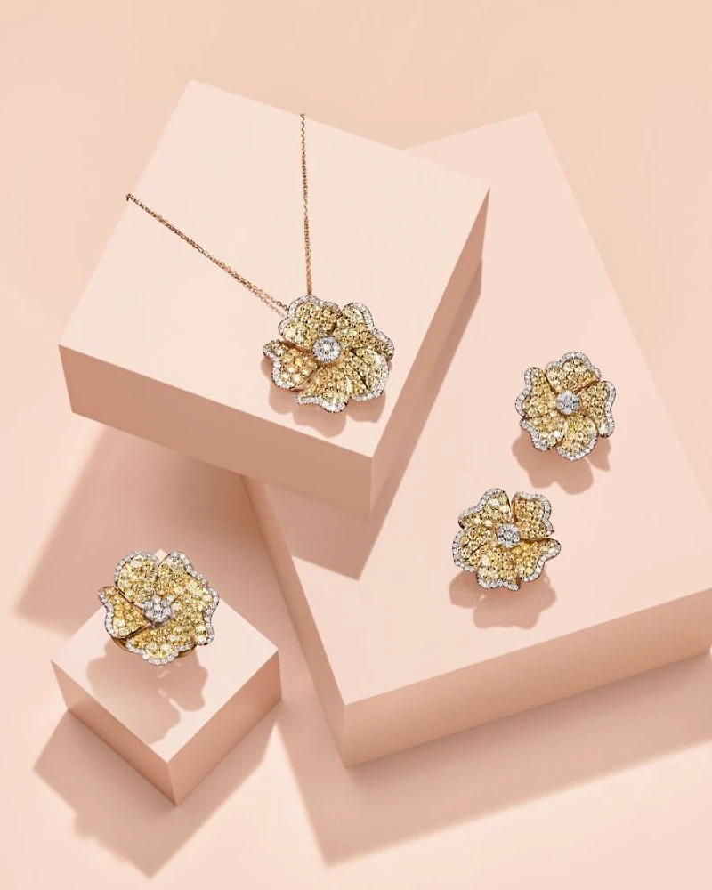 Yellow & White Diamond Flower Ring in 14K White & Yellow Gold, 2.95 tcw