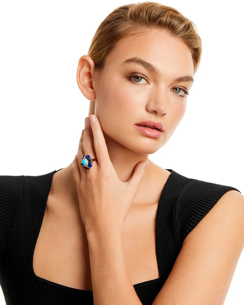 Turquoise, Onyx, Lapis Lazuli & Diamond Statement Ring in 14K Yellow Gold
