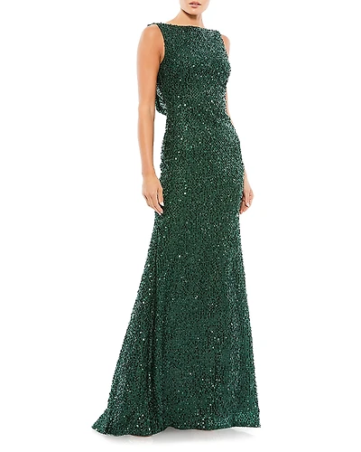 Mac Duggal Cowl Back Boat Neck Sequined Evening Gown