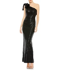 Sequined Bow One Shoulder Column Gown