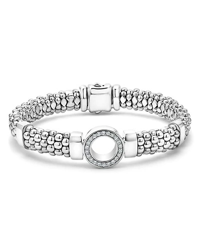 Sterling Silver Caviar Spark Diamond Circle Bead & Polished Link Bracelet