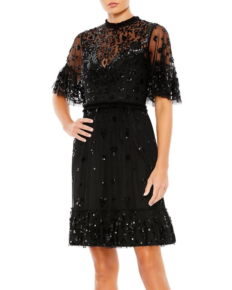 Embellished Illusion High Neck Mini Dress