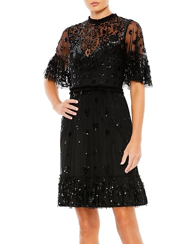 Embellished Illusion High Neck Mini Dress