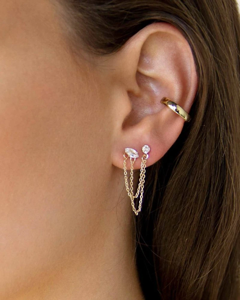 Draped Chain Double Piercing Earrings 18K Gold Plate