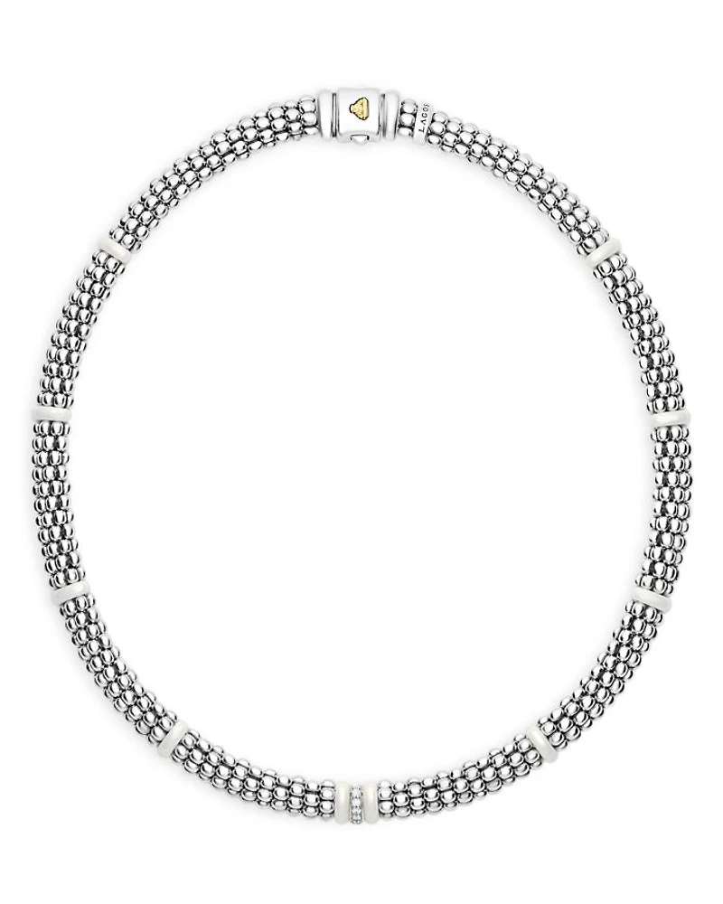 Ceramic & Sterling Silver White Caviar Diamond Station Necklace