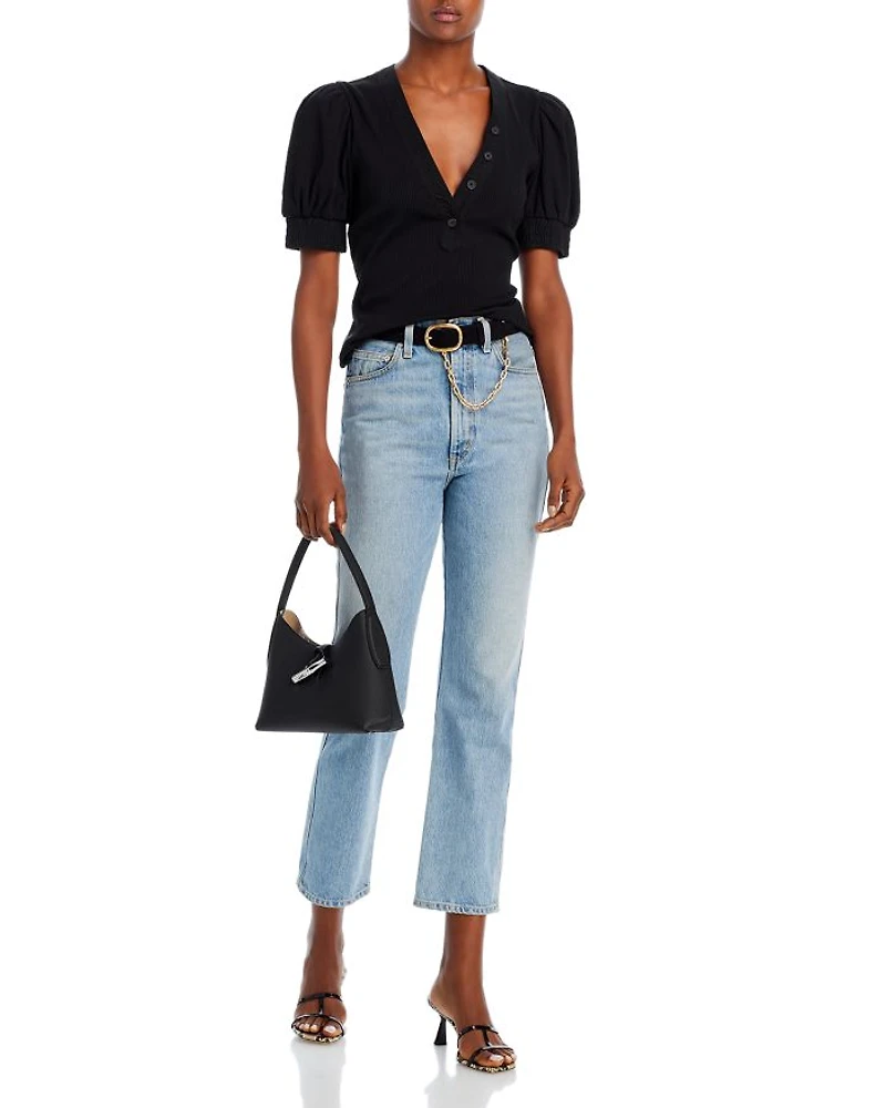 Heather V Neck Puff Sleeve Top