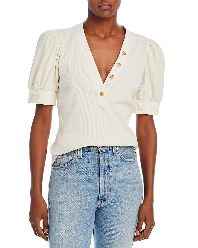 Derek Lam 10 Crosby Heather V Neck Puff Sleeve Top