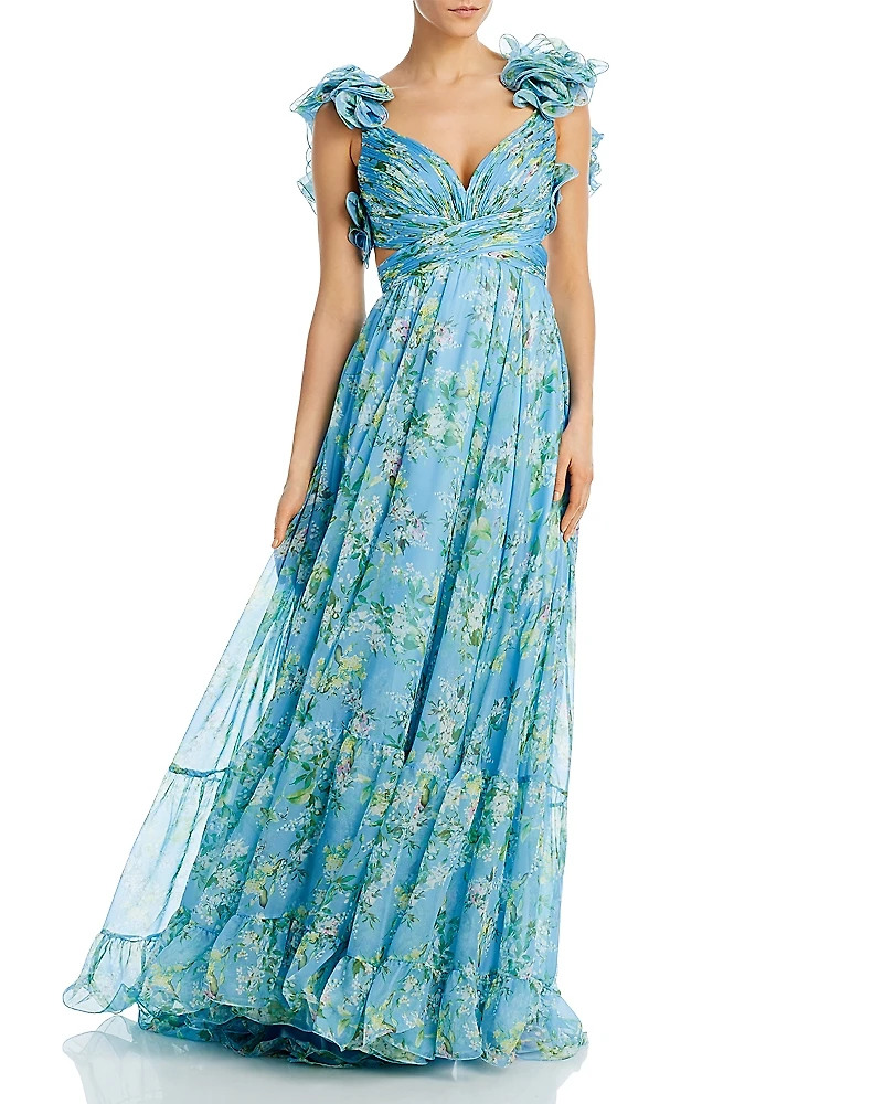 Mac Duggal Women's Ruffle Tiered Floral Cut-Out Chiffon Gown