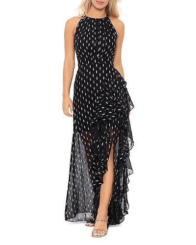 Aqua Metallic Crescent Chiffon Ruffle Gown - Exclusive