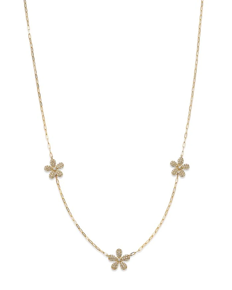 Diamond Flower Station Necklace in 14K Yellow Gold, 0.50 tcw