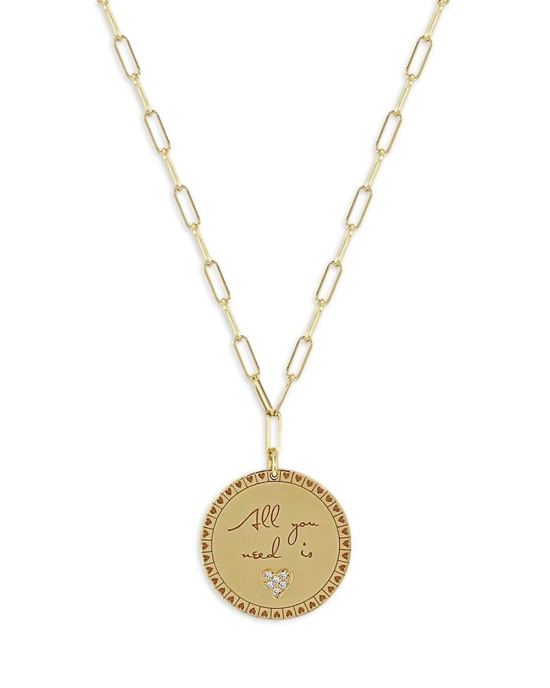 14K Yellow Gold Mantra Diamond Accented All You Need is Love Disc Pendant Necklace, 18"