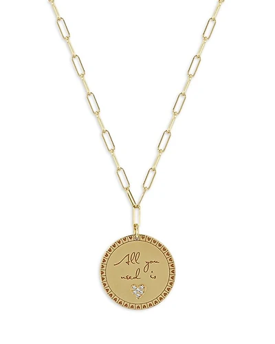 14K Yellow Gold Mantra Diamond Accented All You Need is Love Disc Pendant Necklace, 18"