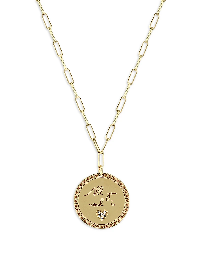 Zoe Chicco 14K Yellow Gold Mantra Diamond Accented All You Need is Love Disc Pendant Necklace, 18