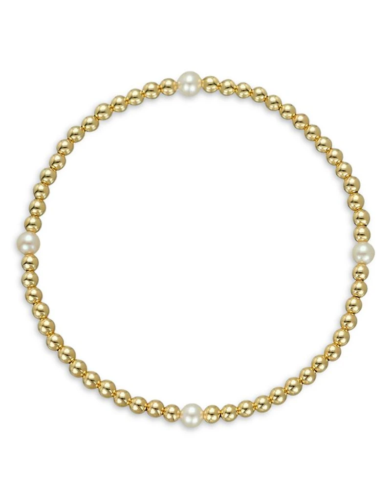 14K Yellow Gold Cultured Freshwater Pearl Station Beaded Stretch Bracelet