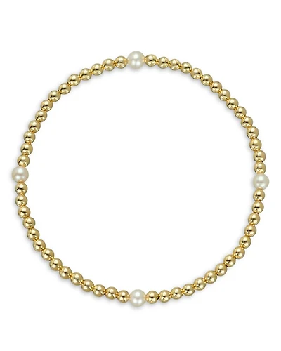 14K Yellow Gold Cultured Freshwater Pearl Station Beaded Stretch Bracelet