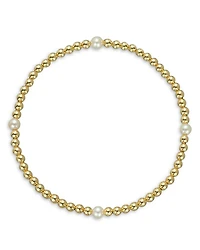 14K Yellow Gold Cultured Freshwater Pearl Station Beaded Stretch Bracelet