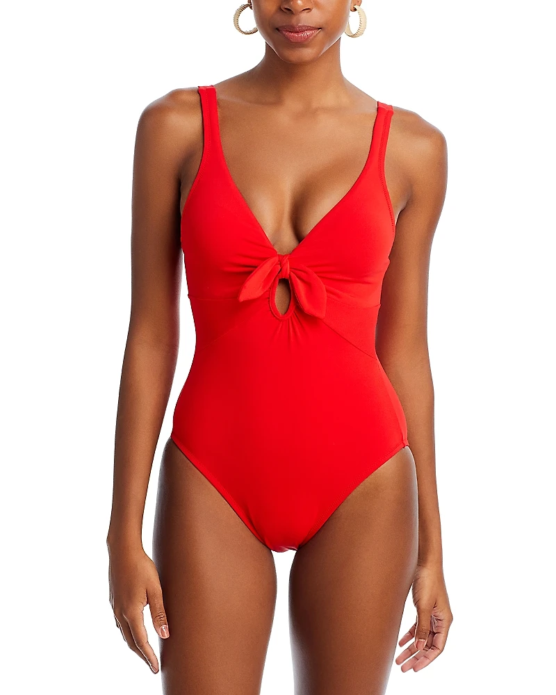 Robin Piccone Plunge Neck Tie-Front One Piece Swimsuit