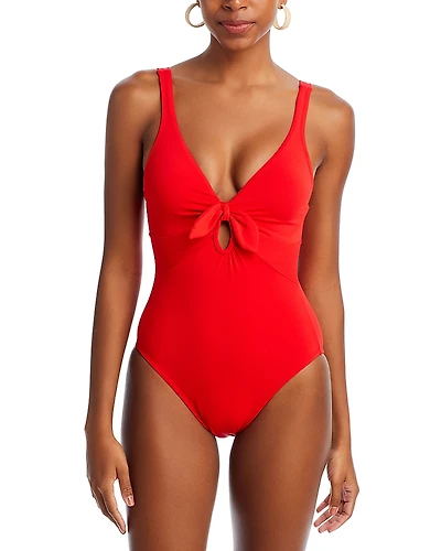 Robin Piccone Plunge Neck Tie-Front One Piece Swimsuit