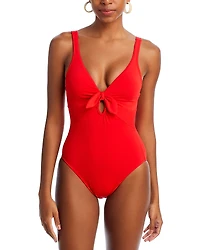 Robin Piccone Plunge Neck Tie-Front One Piece Swimsuit