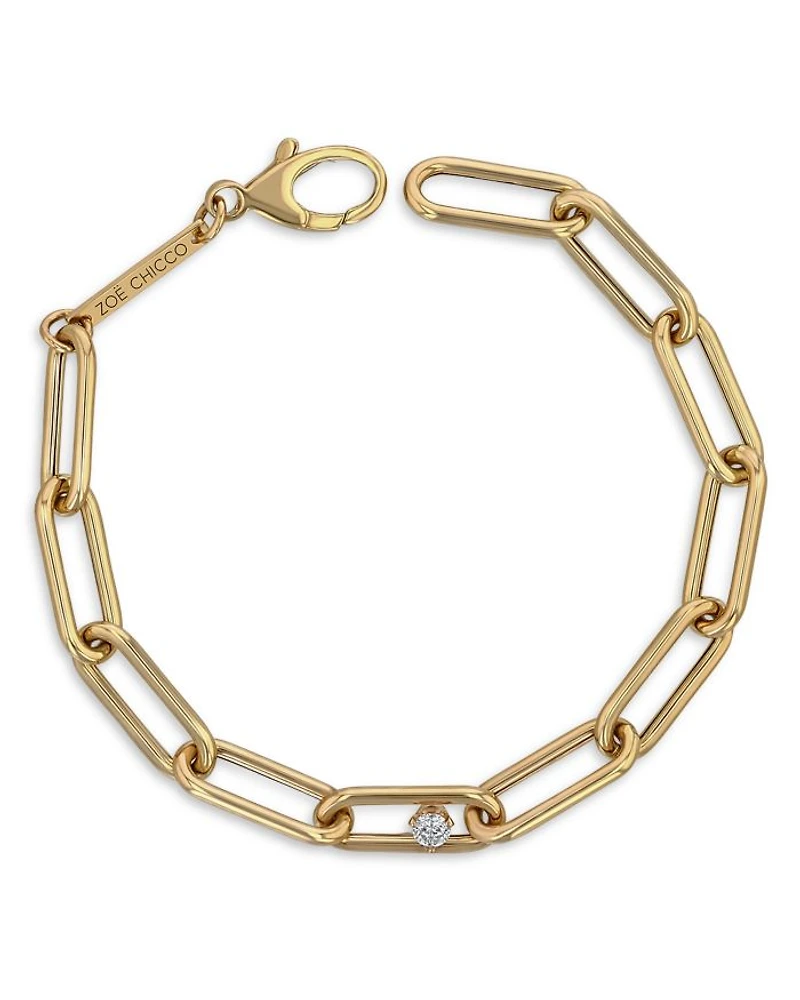 14K Yellow Gold Prong Diamonds Diamond Paperclip Link Bracelet