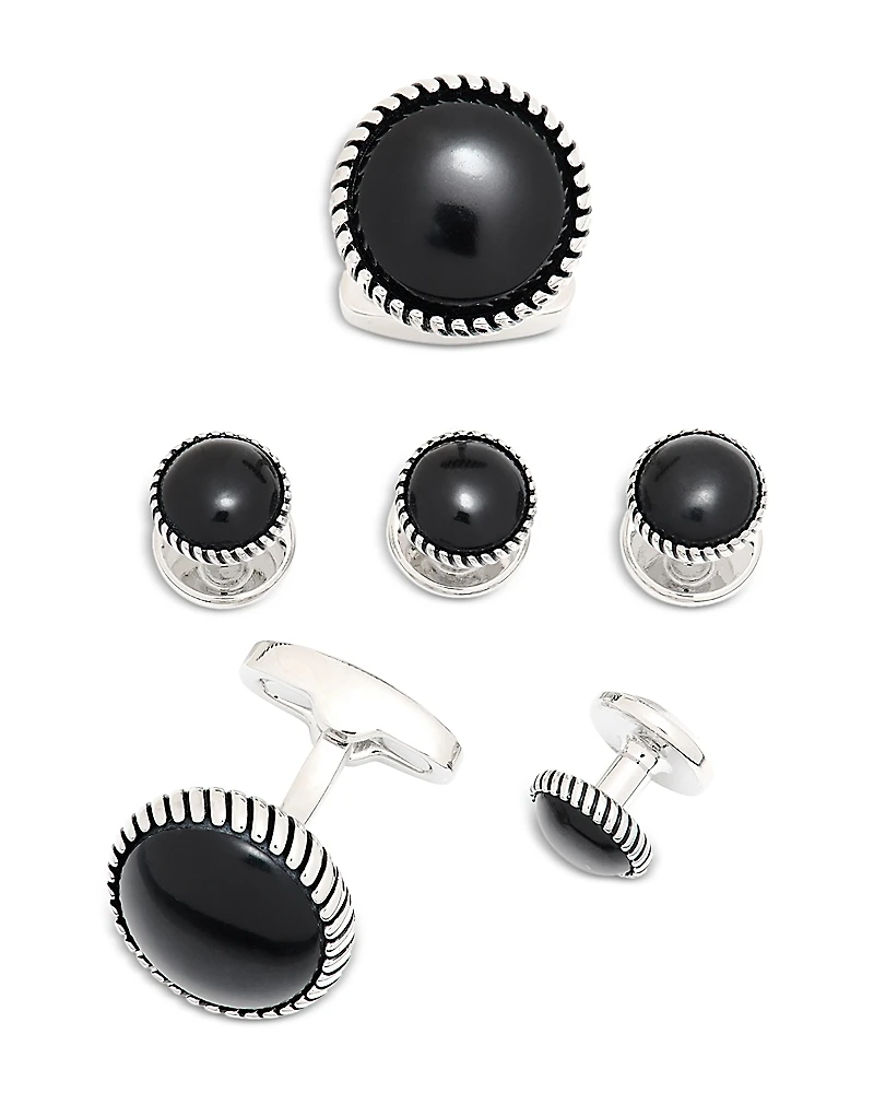 Link Up Onyx Inlay Rhodium Plated Round Stud & Cufflink Set