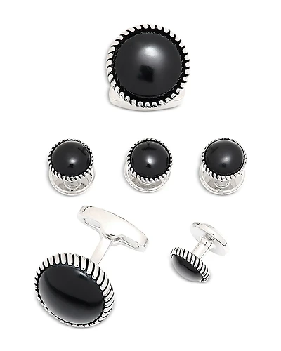 Link Up Onyx Inlay Rhodium Plated Round Stud & Cufflink Set