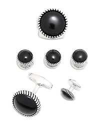 Link Up Onyx Inlay Rhodium Plated Round Stud & Cufflink Set