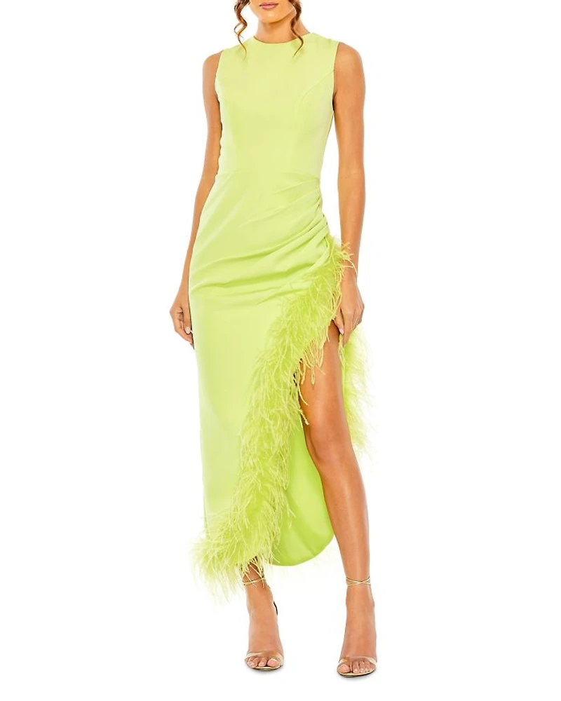 Feather Trim Asymmetric Dress
