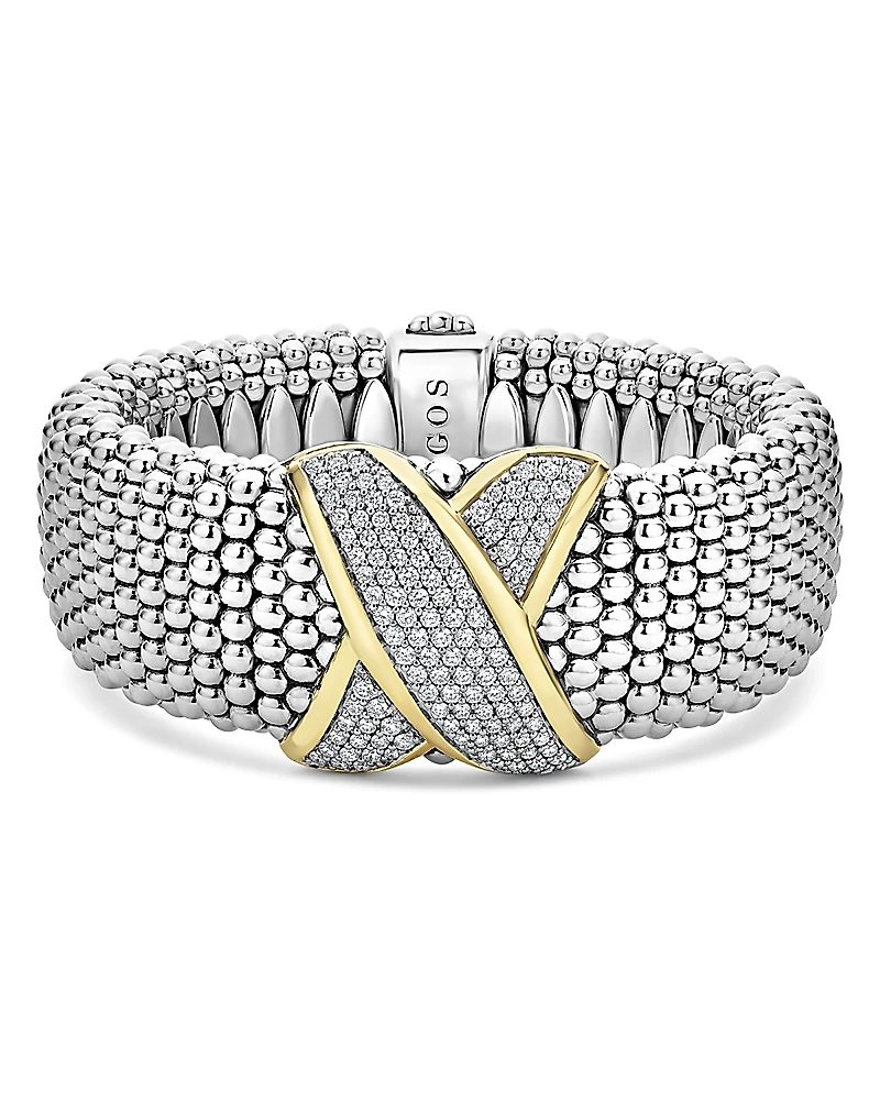 Lagos 18K Yellow Gold & Sterling Silver Embrace Diamond Pave Wide Link Bracelet