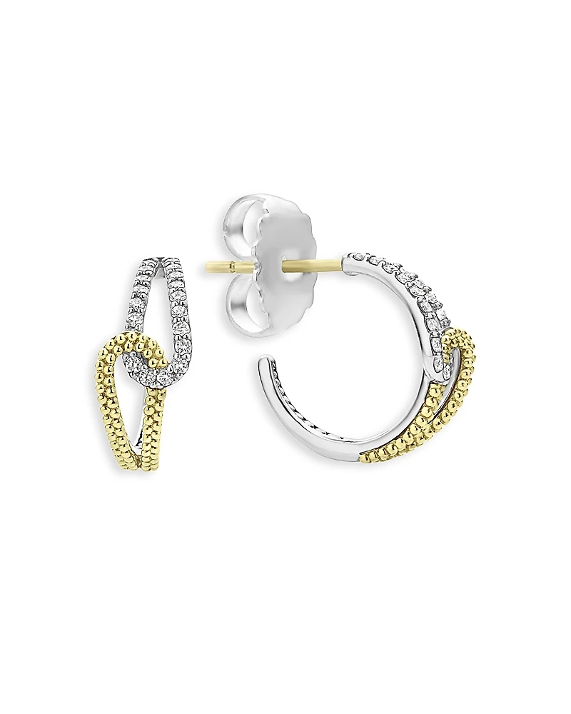 Lagos 18K Yellow Gold & Sterling Silver Caviar Lux-Clip Diamond Loop Huggie Hoop Earrings - Exclusive