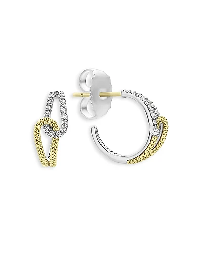 Lagos 18K Yellow Gold & Sterling Silver Caviar Lux-Clip Diamond Loop Huggie Hoop Earrings - Exclusive