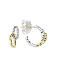 Lagos 18K Yellow Gold & Sterling Silver Caviar Lux-Clip Diamond Loop Huggie Hoop Earrings - Exclusive