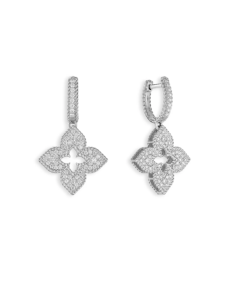 Roberto Coin 18K White Gold Venetian Princess Flower Dangle Hoop Earrings