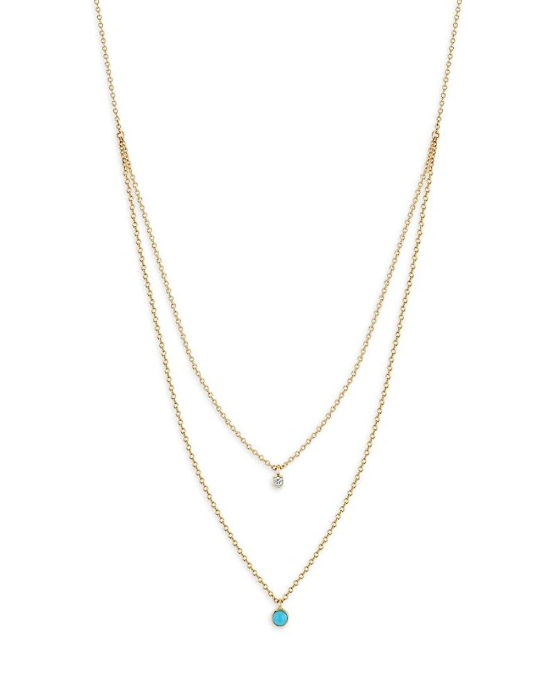 14K Gold Diamond & Turquoise Layered Pendant Necklace, 16"-18"