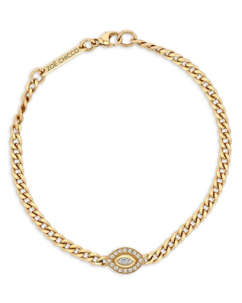 14k Yellow Gold Small Curb Chain Marquise Diamond Halo Bracelet