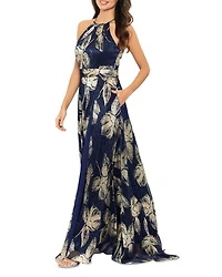 Floral Print Foil Halter Gown - Exclusive