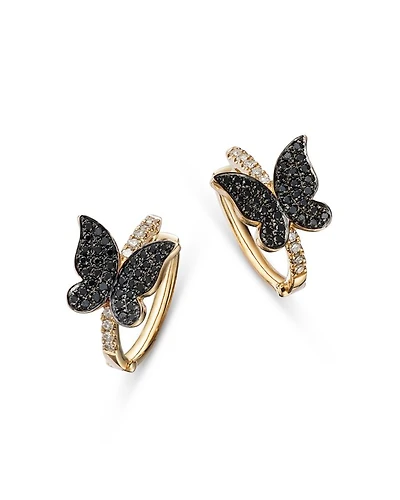 Black & White Diamond Butterfly Hoop Earrings in 14K Yellow Gold, 0.32 tcw