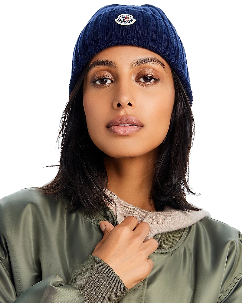 Moncler Logo Detail Rib Knit Wool Hat