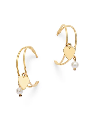 14K Yellow Gold Freshwater Pearl & Polished Heart Dangle Hoop Earrings